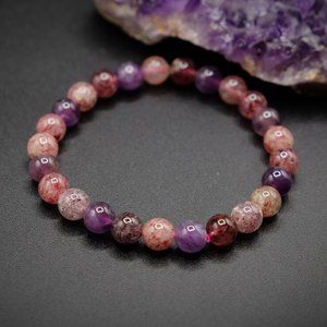 Natural Super Seven Stone Bracelet Strawberry Quartz Crystal Stretch Bracelet